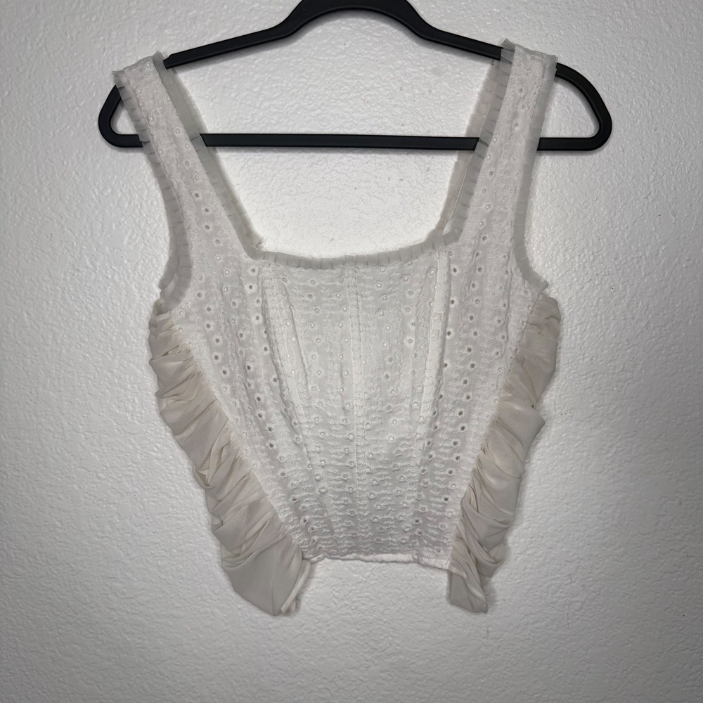 Blue B. Collection White Eyelet Corset Top Ruffle Mesh Trim Cottagecore Large